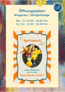 Flyer mit Öffnungszeiten von Biergarten und Minigolfanlage